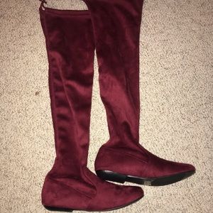 Knee high red velvet boots